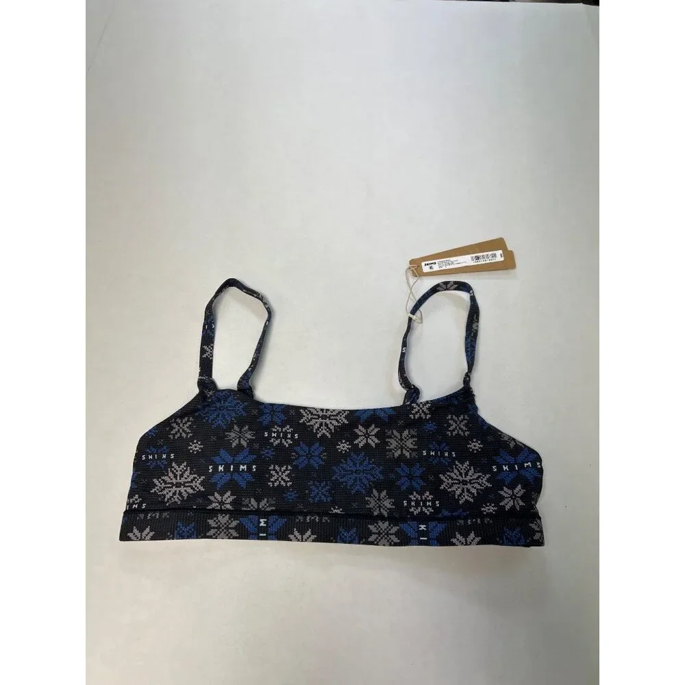 SKIMS Fits Everybody Scoop Bralette Onyx Snwflk Fairisle & Navy Sz Small 2pc NWT - Picture 5 of 8